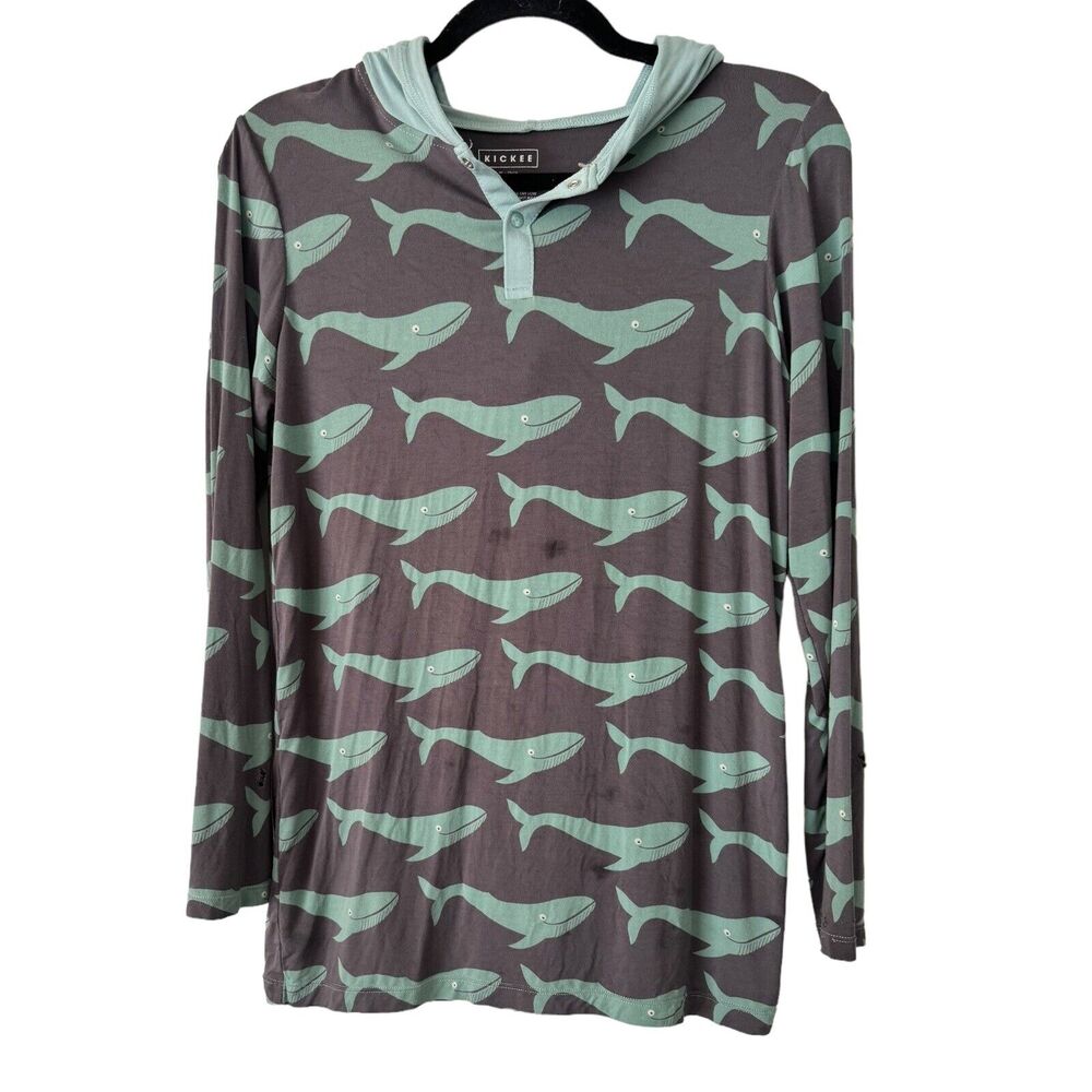 Kickee Pants Whale Print Hooded Long Sleeve Bamboo Viscose Boys Shirt Size XL